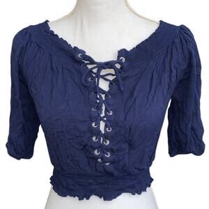 Lace Up Front Ruffled Cropped M Long Sleeve Blouse Top Navy Blue Pirate Medieval